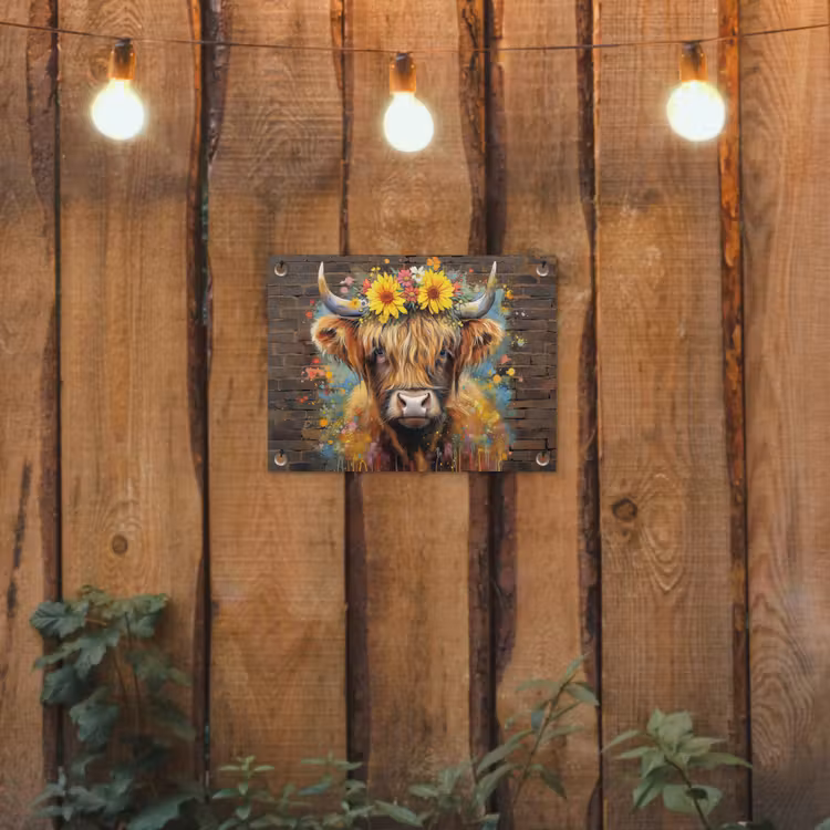 Hooglander met Bloemenkroon tuinposter los doek klein -sfeer1