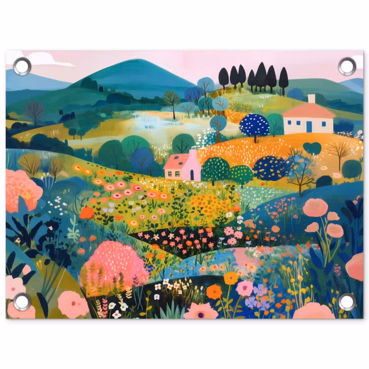 Heuvellandschap - Fantasierijk - Kleurcontrasten tuinposter los doek klein -3d