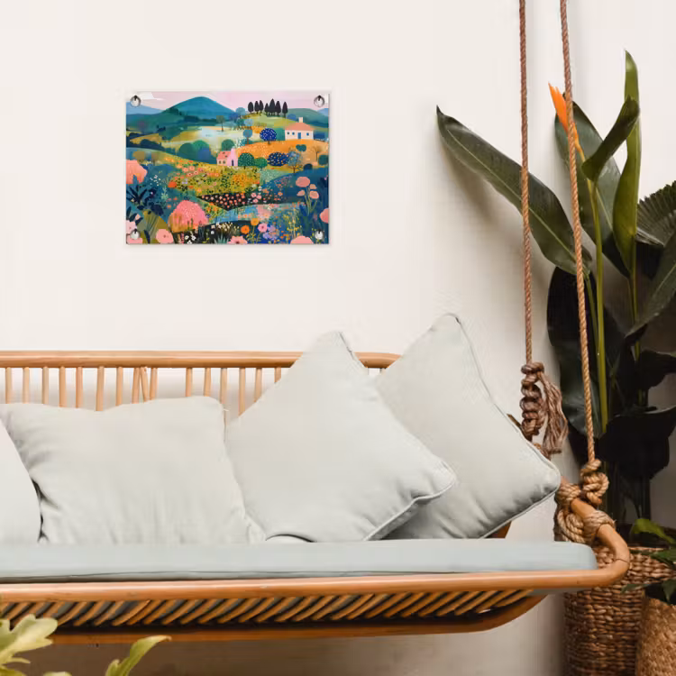 Heuvellandschap - Fantasierijk - Kleurcontrasten tuinposter los doek klein -sfeer7