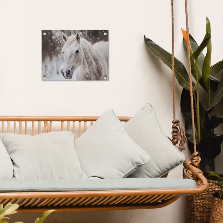 Paard - Wit - Winter - Natuur - Sneeuw - Dieren tuinposter los doek klein -sfeer7