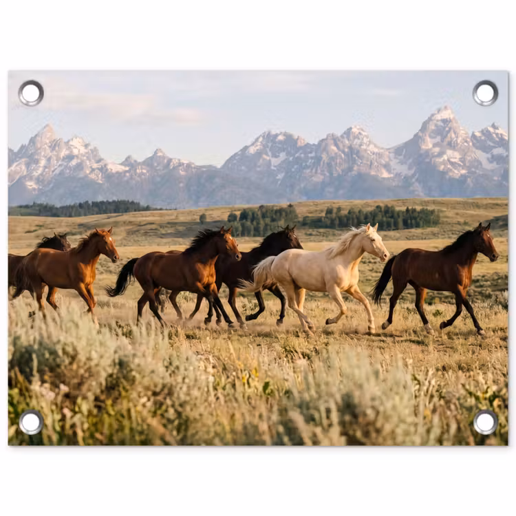 Paarden - Kudde - Bergen - Vrijheid - Wild tuinposter los doek klein -3d