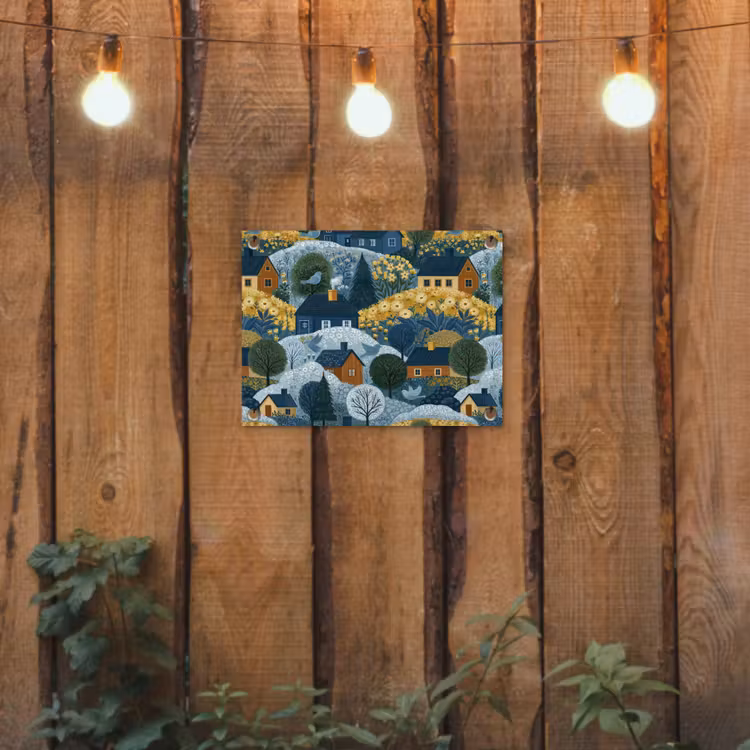 Huisjes - Bloemen - Patroon - Geel - Blauw tuinposter los doek klein 239 -sfeer1