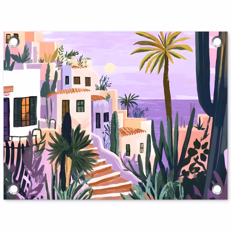 Huizen - Minimalistisch - Palmbomen - Kust tuinposter los doek klein -3d