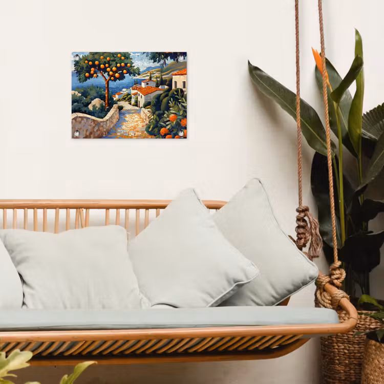 Huizen - Mozaïek - Sinaasappelbomen - Zee tuinposter los doek klein -sfeer7