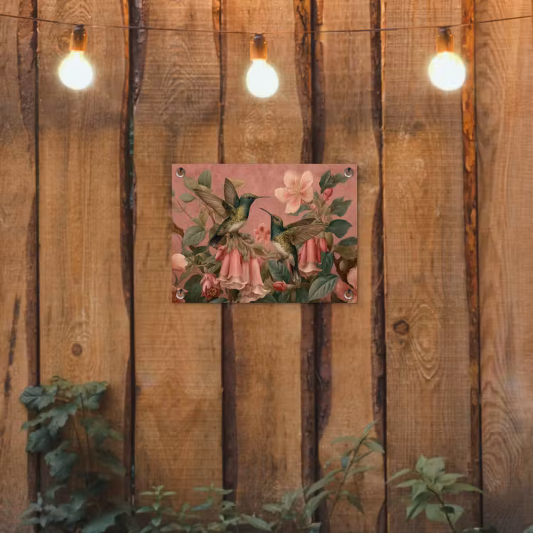 Kolibries - Bloemen - Groen - Roze tuinposter los doek klein -sfeer1
