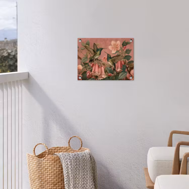 Kolibries - Bloemen - Groen - Roze tuinposter los doek klein -sfeer8