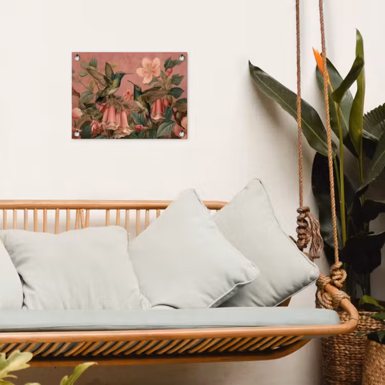 Kolibries - Bloemen - Groen - Roze tuinposter los doek klein -sfeer7