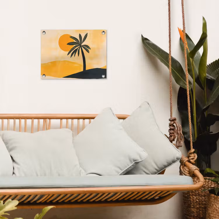 Illustratie - Palmboom - Zon - Heuvels tuinposter los doek klein -sfeer7