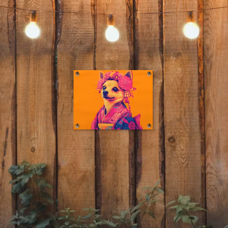 Kimono - Hondje - Bloemenkroon - Oranje tuinposter los doek klein -sfeer1