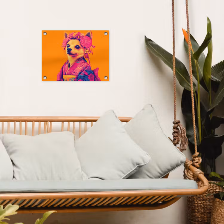 Kimono - Hondje - Bloemenkroon - Oranje tuinposter los doek klein -sfeer7