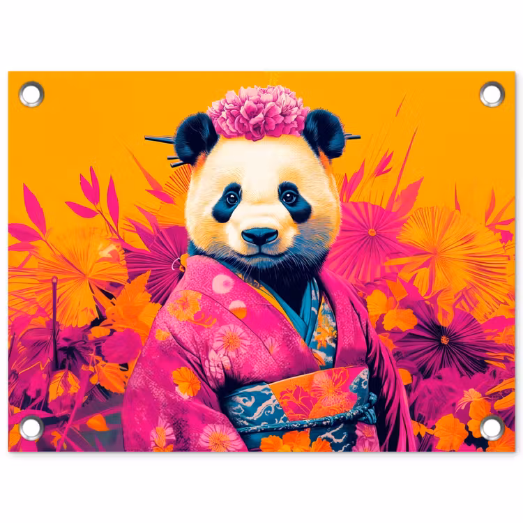 Kimono - Roze - Panda - Bloemenkroon tuinposter los doek klein -3d