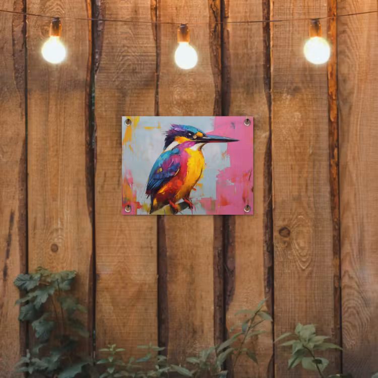 Ijsvogel - Roze - Tak - Penseelstreken tuinposter los doek klein -sfeer1