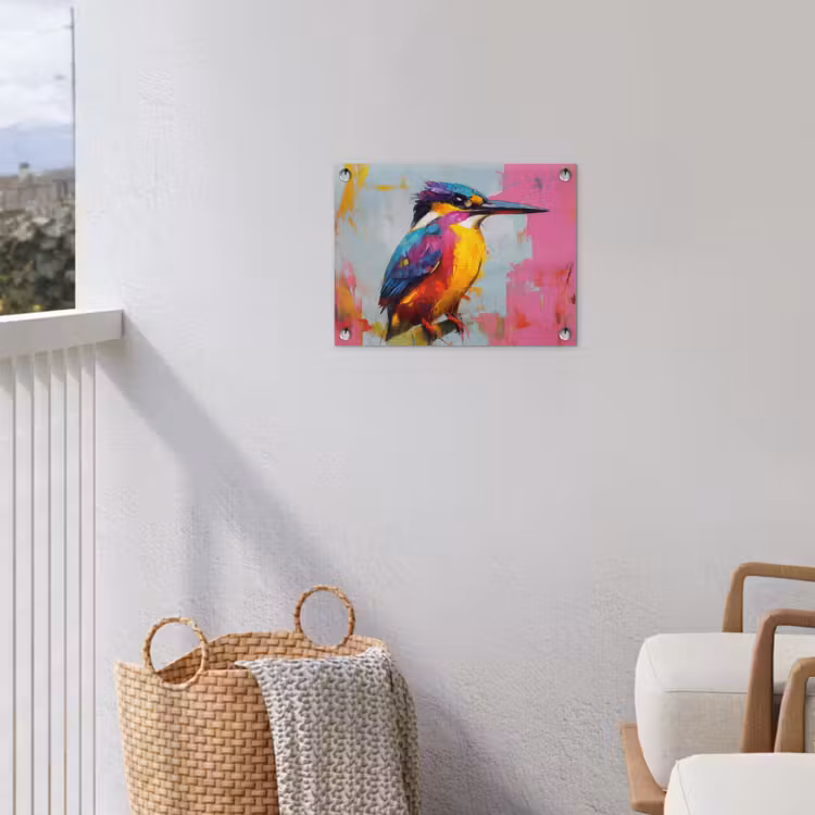 Ijsvogel - Roze - Tak - Penseelstreken tuinposter los doek klein -sfeer8
