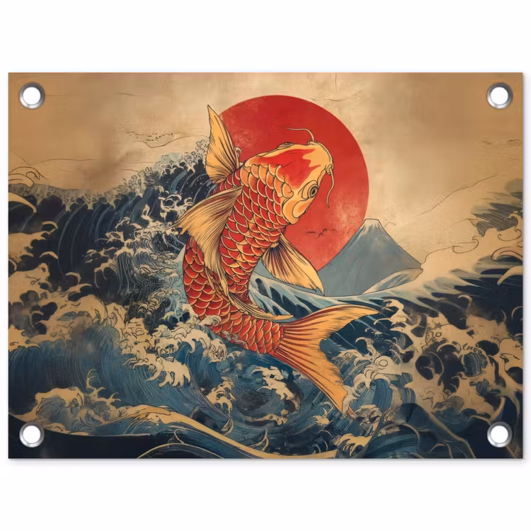 Koi - Zee - Golven - Zon tuinposter los doek klein -3d
