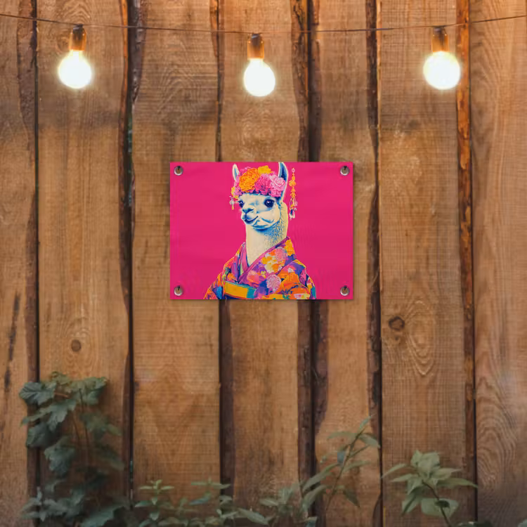 Lama - Kimono - Bloemenkrans - Felroze tuinposter los doek klein -sfeer1
