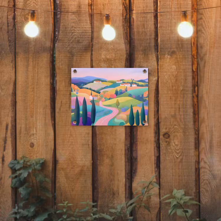 Landschap - Paars - Pastel - Huizen tuinposter los doek klein -sfeer1