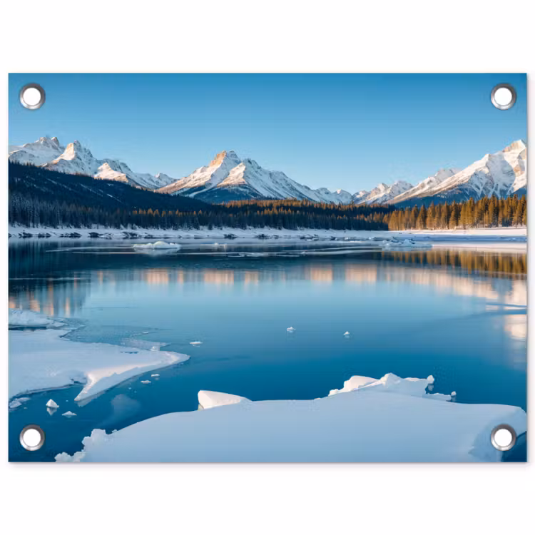 Landschap - Winter - Meer - Bergen - Uitzicht - IJs tuinposter los doek klein -3d