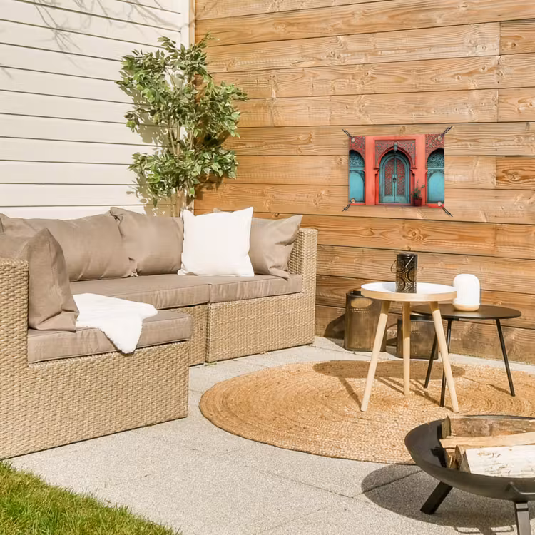 Lantaarn - Deur - Turquoise tuinposter los doek klein -sfeer4