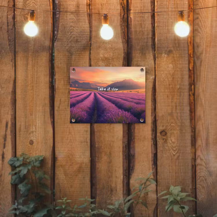 Lavendelveld - Quote - Zonsondergang tuinposter los doek klein -sfeer1