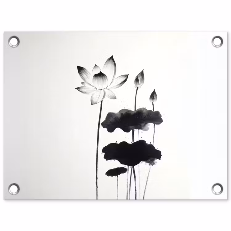 Bladeren - Zwart - Lotusbloem - Minimalitisch tuinposter los doek klein -3d