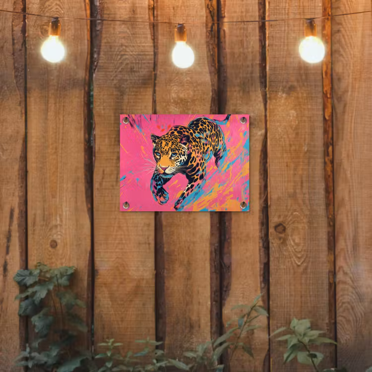 Luipaard - Roze - Oranje - Blauw - Verf tuinposter los doek klein -sfeer1