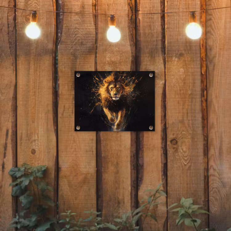 Leeuw - Zwart - Oranje - Verf tuinposter los doek klein -sfeer1