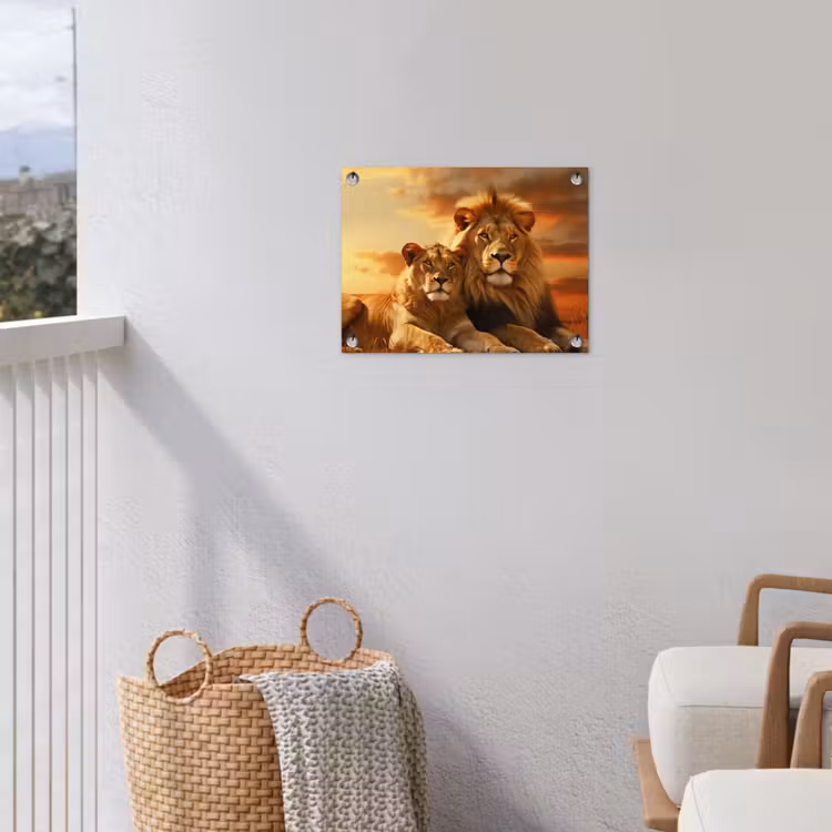 Leeuwenpaar bij zonsondergang tuinposter los doek klein -sfeer8