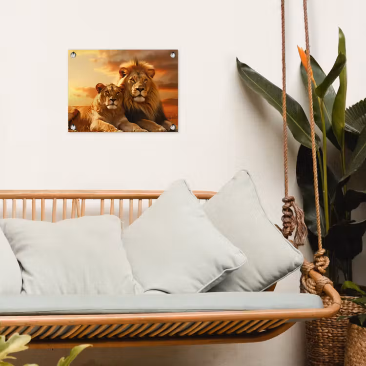 Leeuwenpaar bij zonsondergang tuinposter los doek klein -sfeer7