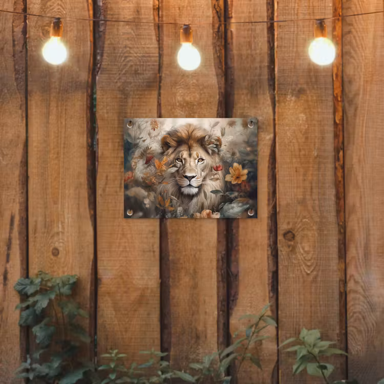 Leeuw - Wilde dieren - Planten - Natuur - Bloemen tuinposter los doek klein -sfeer1