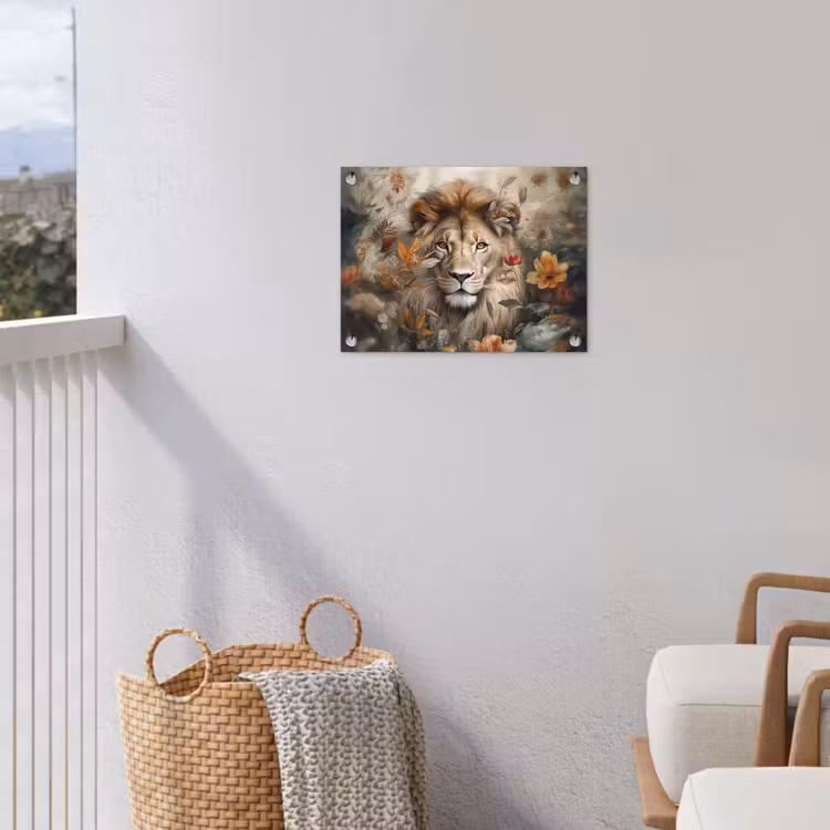 Leeuw - Wilde dieren - Planten - Natuur - Bloemen tuinposter los doek klein -sfeer8