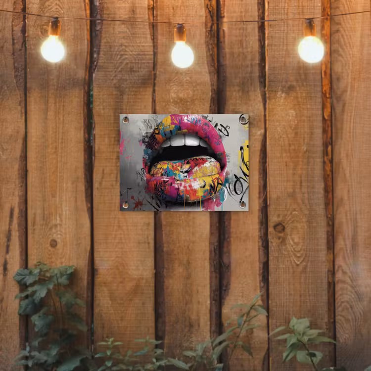 Lippen - Graffiti - Expressief tuinposter los doek klein -sfeer1