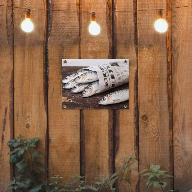 Garden Poster - Little Sardine - newspaper - cutting board - Sardientje - krant - snijplank tuinposter los doek klein