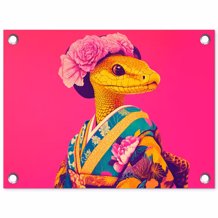 Hagedis - Bloemen - Roze - Kimono tuinposter los doek klein -3d