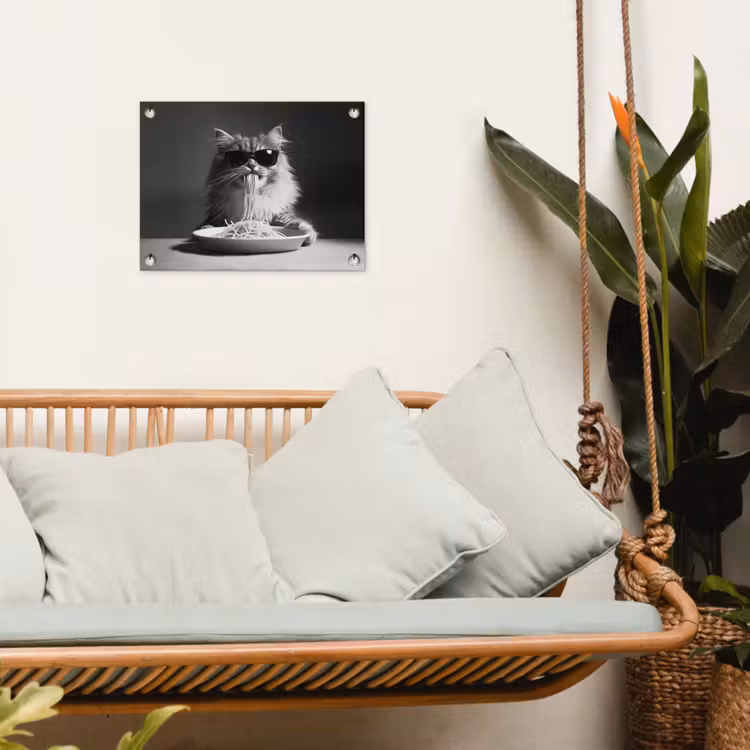 Langharige kat - Zonnebril - Spaghetti - Humor - Zwart - wit tuinposter los doek klein -sfeer7