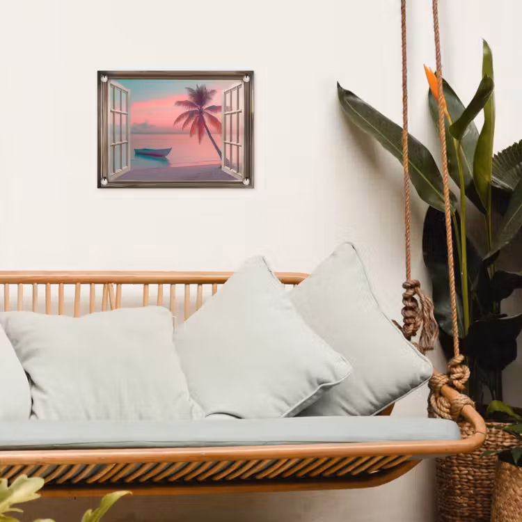 Doorkijk - Strand - Palmboom - Tropisch tuinposter los doek klein -sfeer7