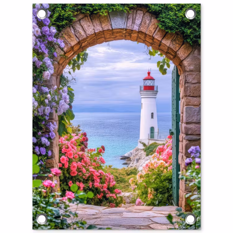 Doorkijk - Vuurtoren - Bloemen - Uitzicht tuinposter los doek klein -3d