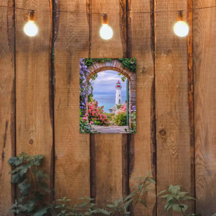 Doorkijk - Vuurtoren - Bloemen - Uitzicht tuinposter los doek klein -sfeer1