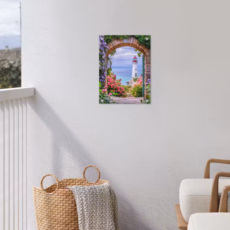 Doorkijk - Vuurtoren - Bloemen - Uitzicht tuinposter los doek klein -sfeer8