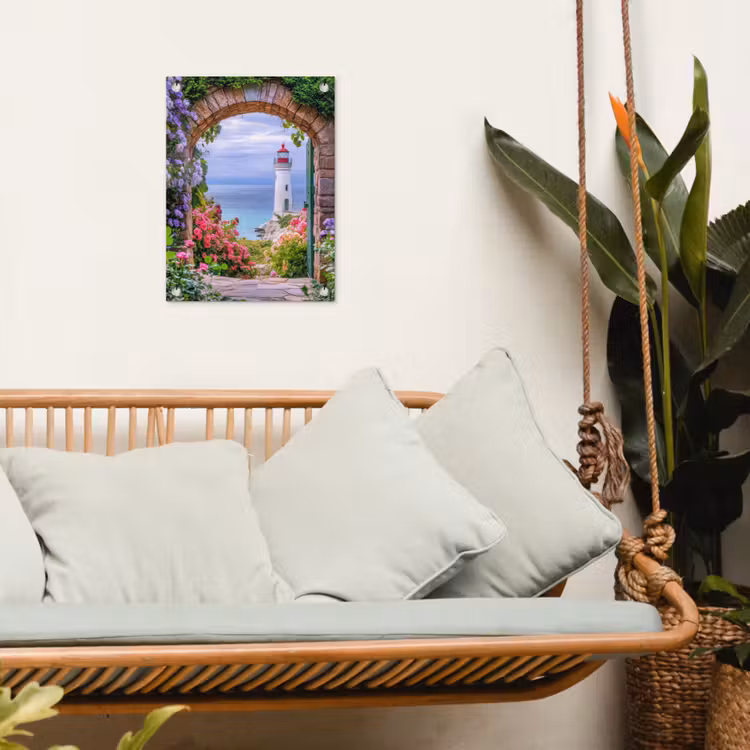 Doorkijk - Vuurtoren - Bloemen - Uitzicht tuinposter los doek klein -sfeer7