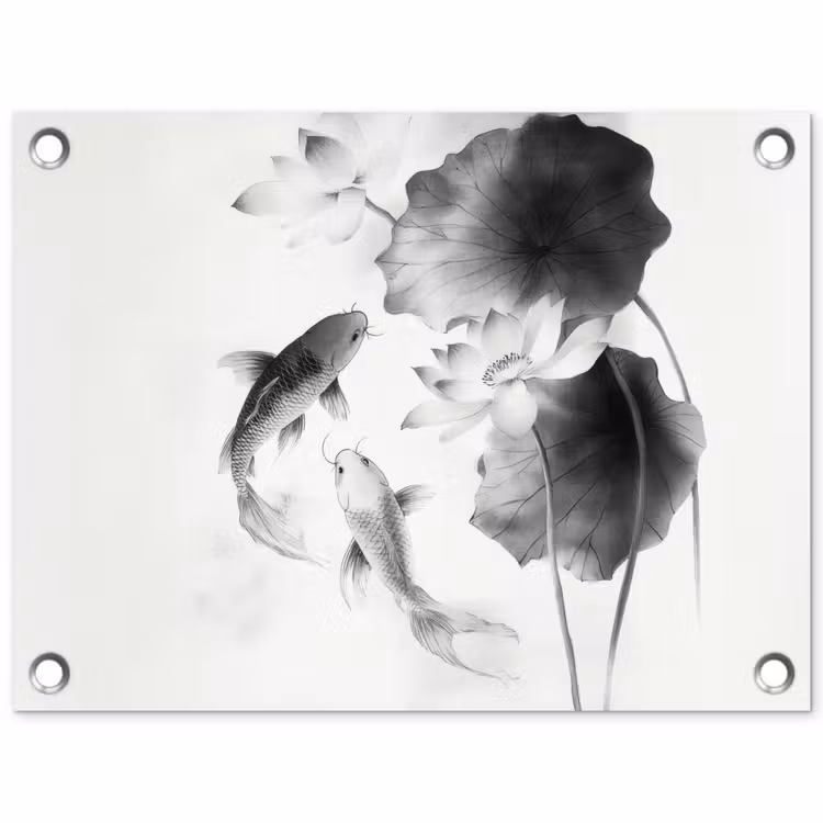 Lotusbloemen - Vissen - Bladeren - Zwart tuinposter los doek klein -3d