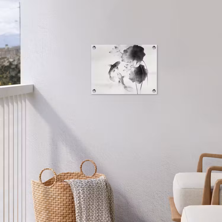 Lotusbloemen - Vissen - Bladeren - Zwart tuinposter los doek klein -sfeer8