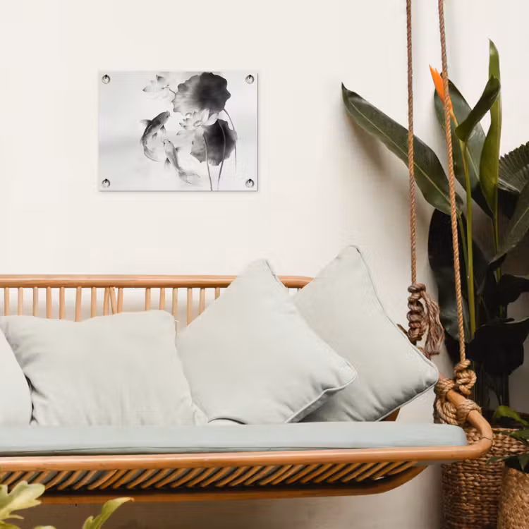 Lotusbloemen - Vissen - Bladeren - Zwart tuinposter los doek klein -sfeer7