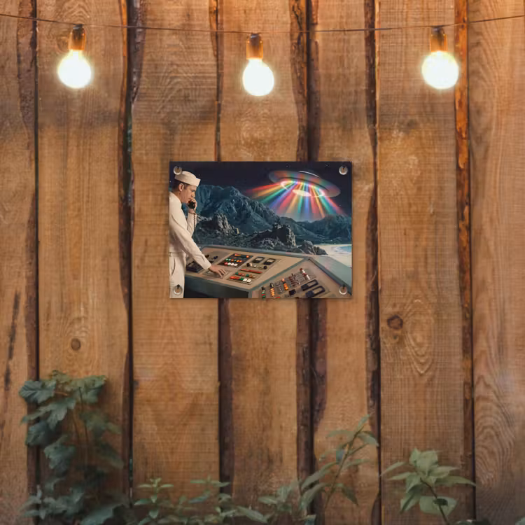 Garden Poster - Man - Control Room - Beach - Man - Controlekamer - Strand tuinposter los doek klein