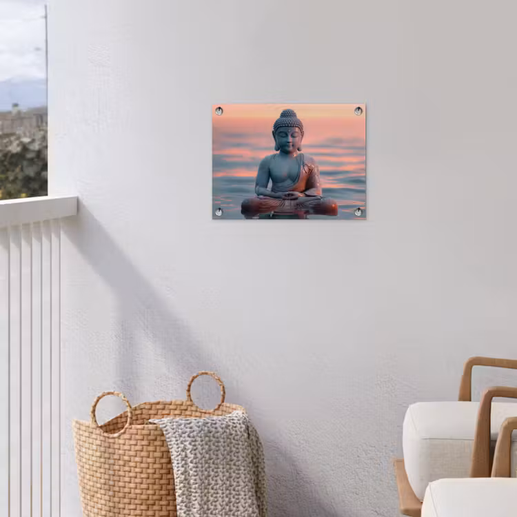 Mediterende Boeddha bij zonsondergang tuinposter los doek klein -sfeer8