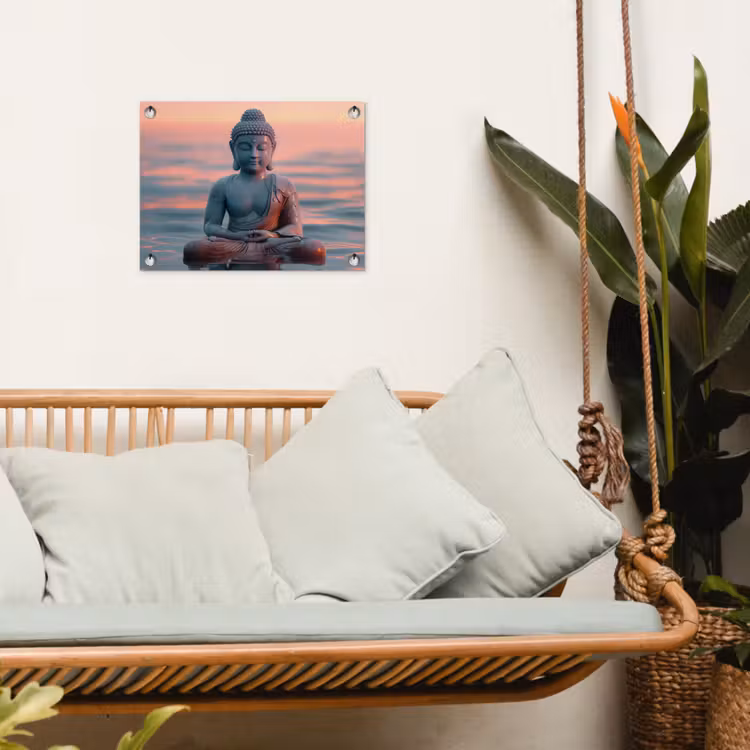 Mediterende Boeddha bij zonsondergang tuinposter los doek klein -sfeer7