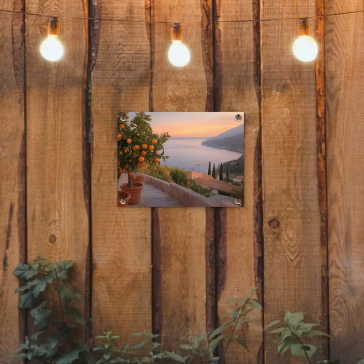 Middelandse zee - Sinaasappel - Heuvels - Zee tuinposter los doek klein -sfeer1