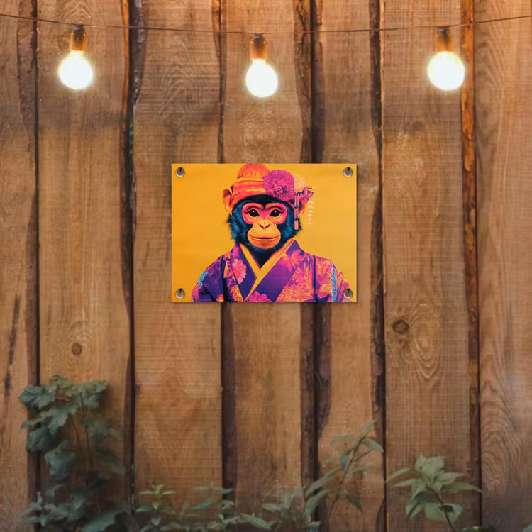 Aap - Kimono - Bloemen - Hoofdtooi tuinposter los doek klein -sfeer1