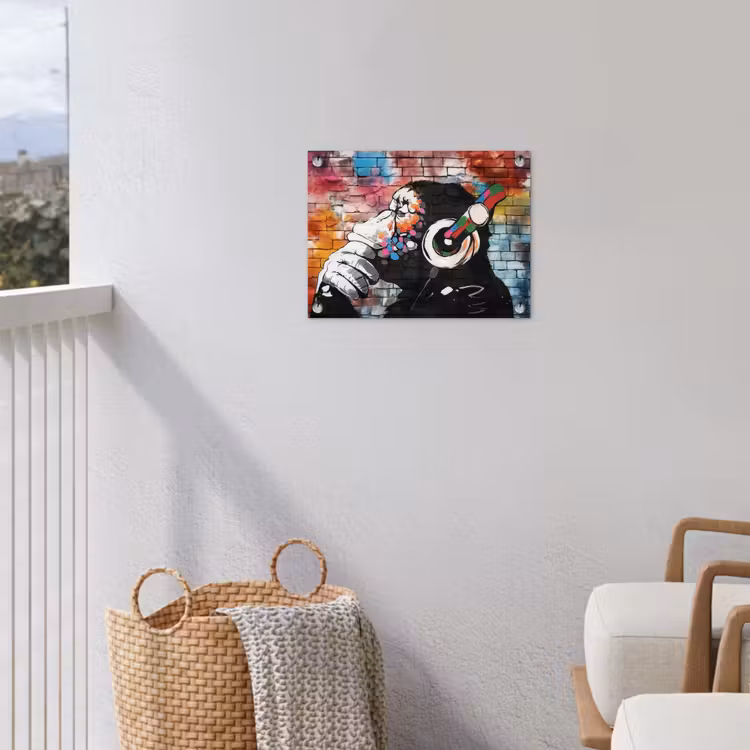 Aap met Koptelefoon tuinposter los doek klein -sfeer8
