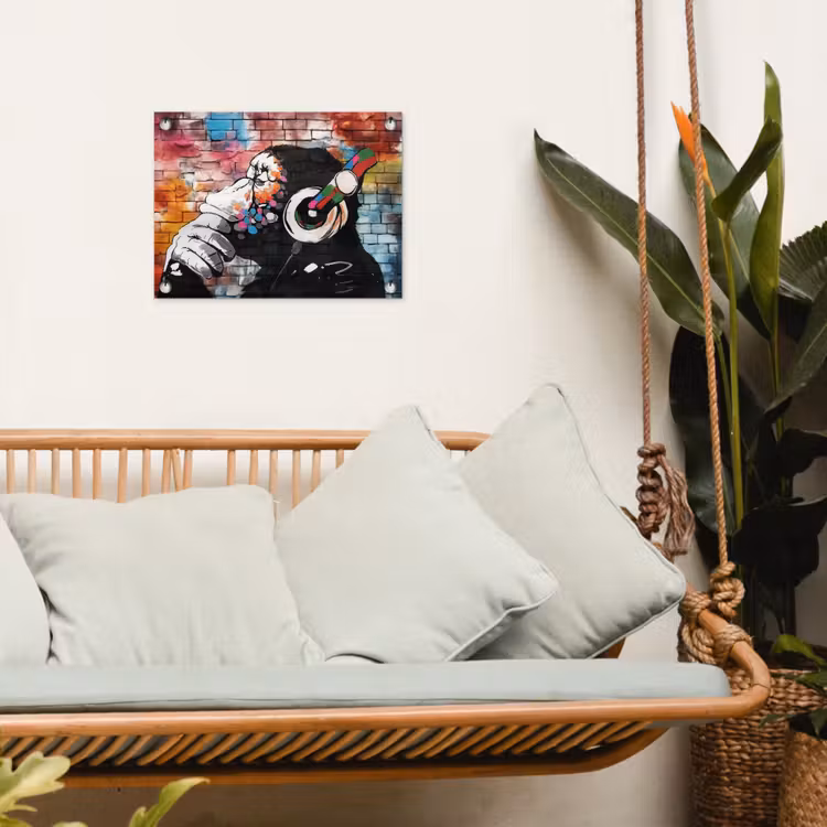Aap met Koptelefoon tuinposter los doek klein -sfeer7