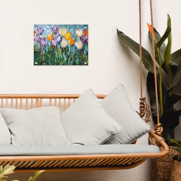 Mozaïek - Veld - Tulpen - Kleurrijk tuinposter los doek klein -sfeer7